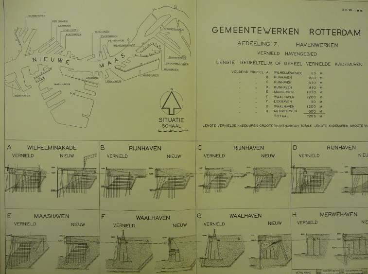 Lengte vernielde kademuren in Rotterdams havengebied. In de Lekhaven is 90 meter vernield.